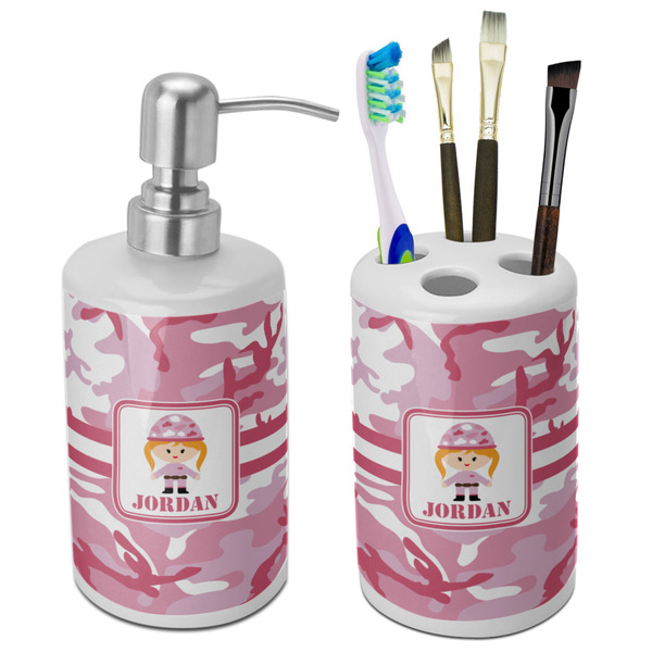 Custom Pink Camo Ceramic Bathroom Accessories Set (Personalized)