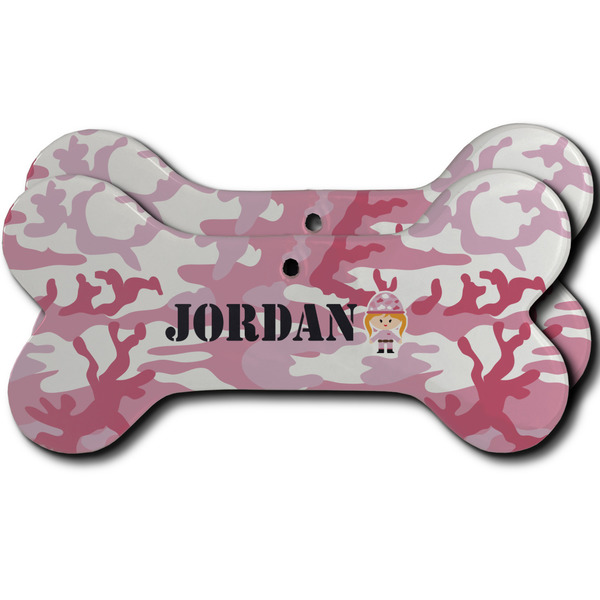 Custom Pink Camo Ceramic Dog Ornament - Front & Back w/ Name or Text