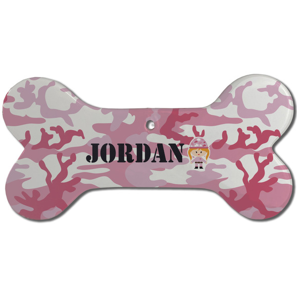 Custom Pink Camo Ceramic Dog Ornament - Front w/ Name or Text