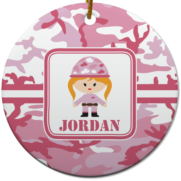 Custom Pink Camo Round Ceramic Ornament w/ Name or Text