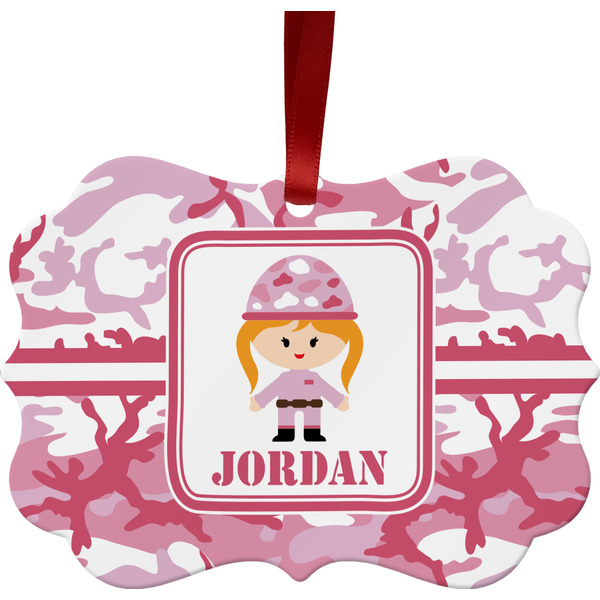Custom Pink Camo Metal Frame Ornament - Double Sided w/ Name or Text