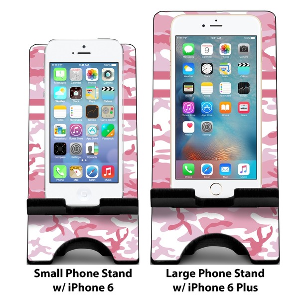 Pink Camo Compare Phone Stand Sizes - with iPhones