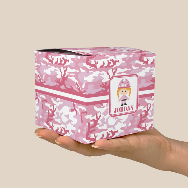 Pink Camo Cube Favor Gift Box - On Hand - Scale View
