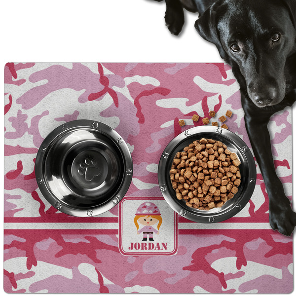 Custom Pink Camo Dog Food Mat - Large w/ Name or Text