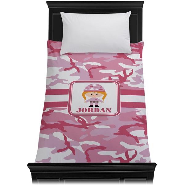 Pink Camo Duvet Cover - Twin - On Bed - No Prop