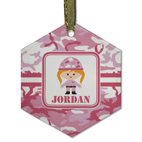 Pink Camo Frosted Glass Ornament - Hexagon