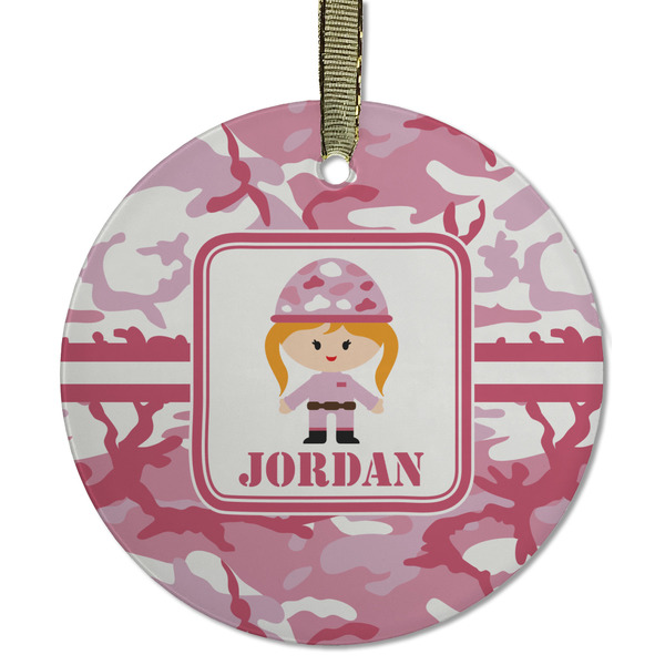 Custom Pink Camo Flat Glass Ornament - Round w/ Name or Text