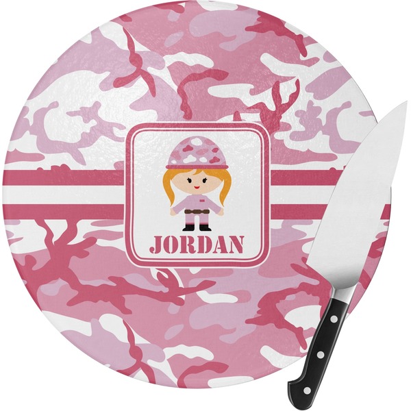 Custom Pink Camo Round Glass Cutting Board - Medium (Personalized)