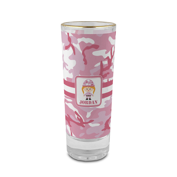 Custom Pink Camo 2 oz Shot Glass -  Glass with Gold Rim - Single (Personalized)