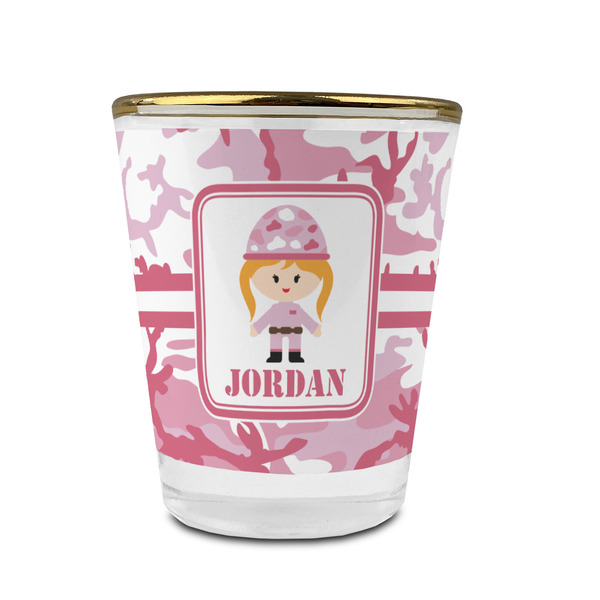 Custom Pink Camo Glass Shot Glass - 1.5 oz - with Gold Rim - Set of 4 (Personalized)