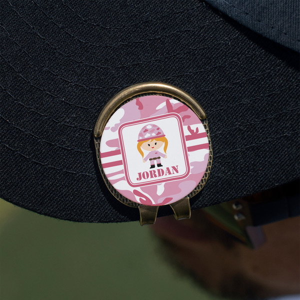 Pink Camo Golf Ball Marker Hat Clip - Gold - On Hat