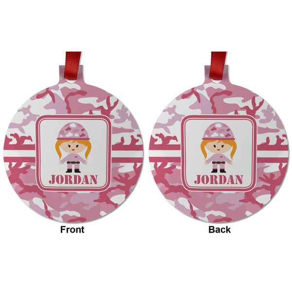 Pink Camo Metal Ball Ornament - Front and Back