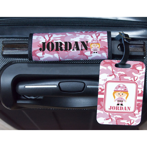 Pink Camo Metal Luggage Tag & Handle Wrap - In Context