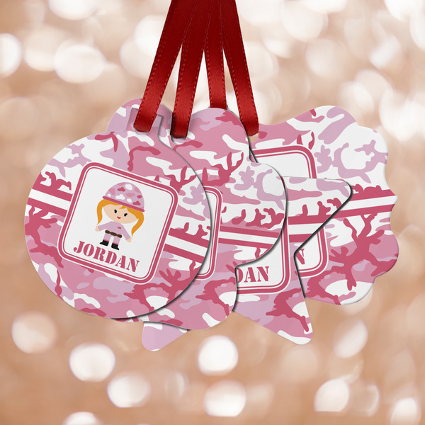 Custom Pink Camo Metal Ornaments - Double Sided w/ Name or Text
