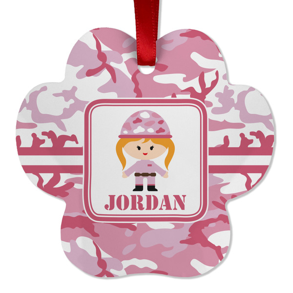 Custom Pink Camo Metal Paw Ornament - Double Sided w/ Name or Text