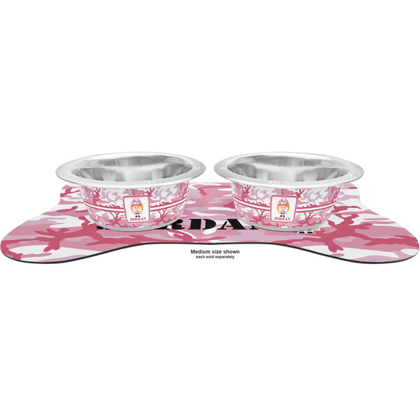 Pink Camo Metal Pet Bowls - On Dog Bone Shaped Mat