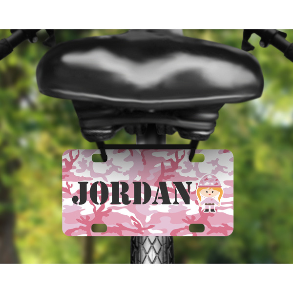 Pink Camo Mini License Plate on Bicycle