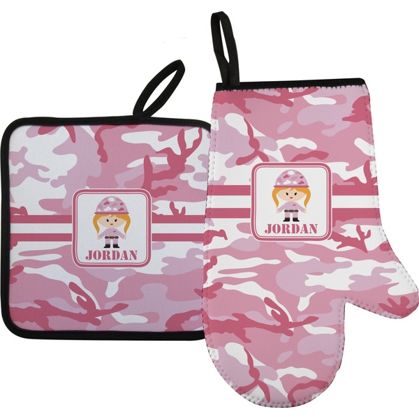 Custom Pink Camo Right Oven Mitt & Pot Holder Set w/ Name or Text