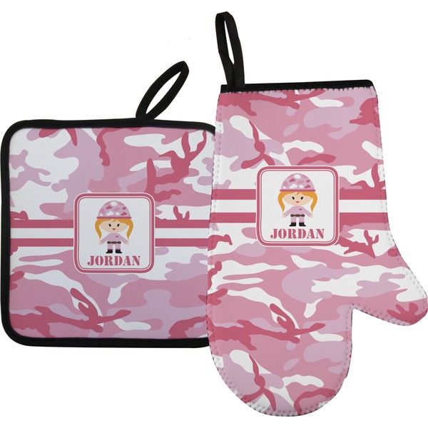Custom Pink Camo Oven Mitt & Pot Holder Set w/ Name or Text