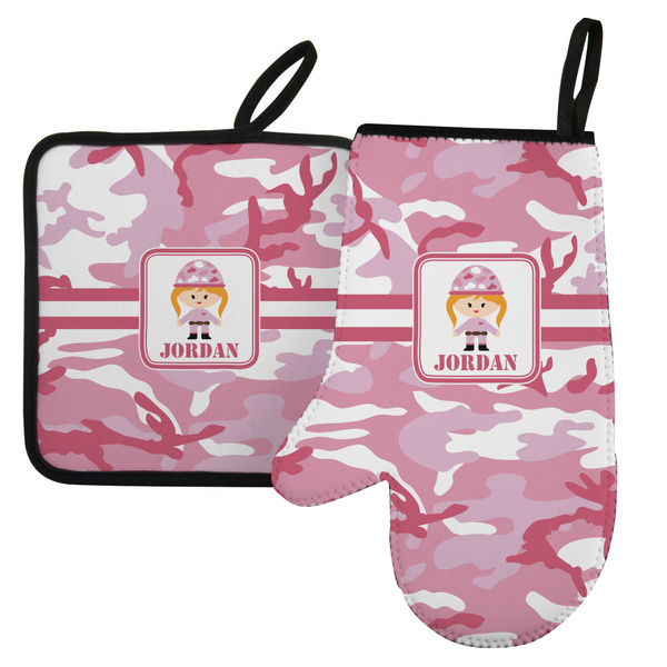 Custom Pink Camo Left Oven Mitt & Pot Holder Set w/ Name or Text