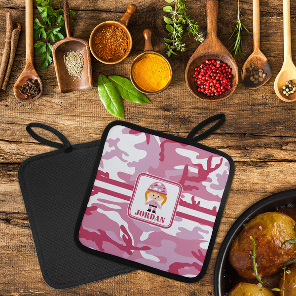 Pink Camo Neoprene Pot Holder - Set of 2  LIFESTYLE (Flatlay)