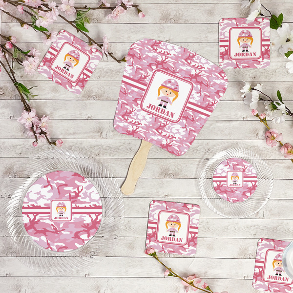Pink Camo Party Supplies Combination Image - All items - Plates, Coasters, Fans