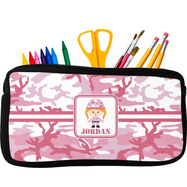 Custom Pink Camo Neoprene Pencil Case - Small w/ Name or Text