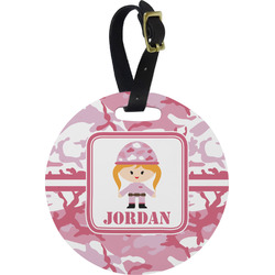 Pink Camo Plastic Luggage Tag - Round (Personalized)