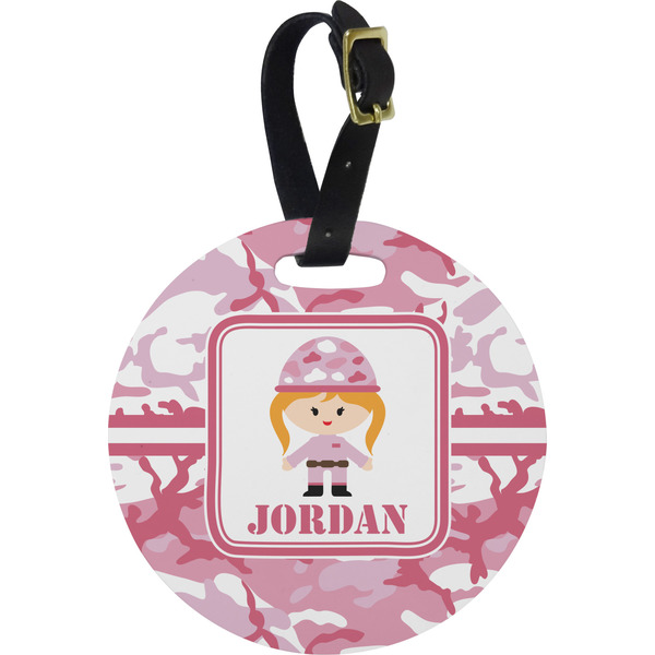 Custom Pink Camo Plastic Luggage Tag - Round (Personalized)