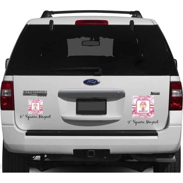 Pink Camo Personalized Square Car Magnets on Ford Explorer