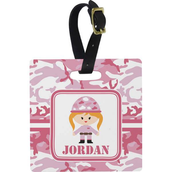 Custom Pink Camo Plastic Luggage Tag - Square w/ Name or Text