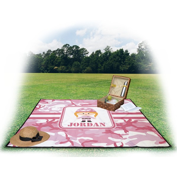Pink Camo Picnic Blanket - with Basket Hat and Book - in Use