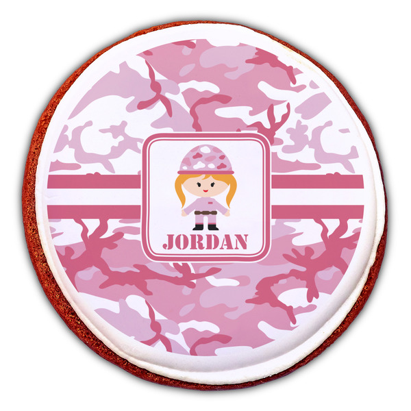 Pink Camo Printed Icing Circle - Large - On Cookie