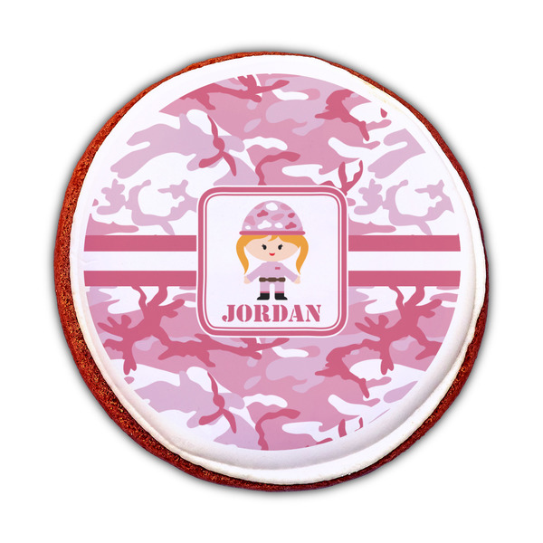 Pink Camo Printed Icing Circle - Medium - On Cookie