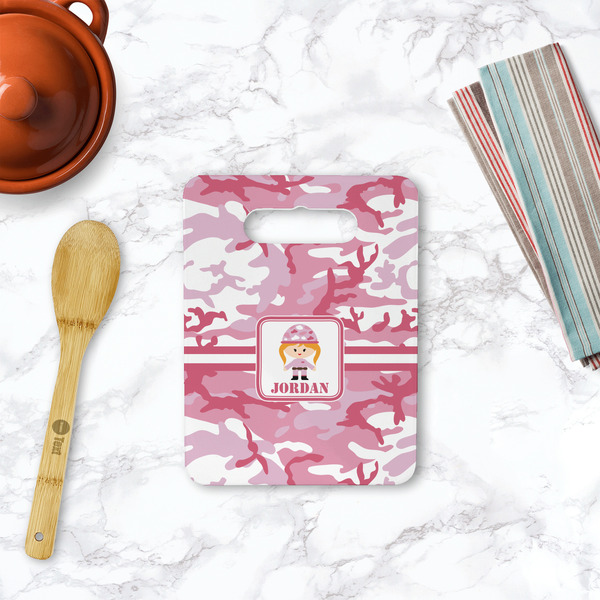 Pink Camo Rectangle Trivet with Handle - LIFESTYLE