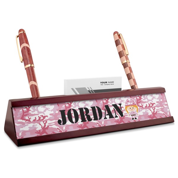 Custom Pink Camo Red Mahogany Nameplate with Business Card Holder (Personalized)