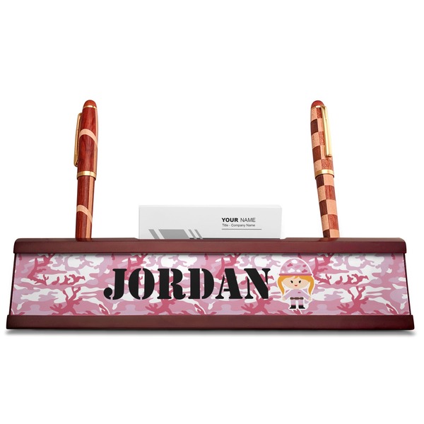 Pink Camo Red Mahogany Nameplates with Business Card Holder - Straight