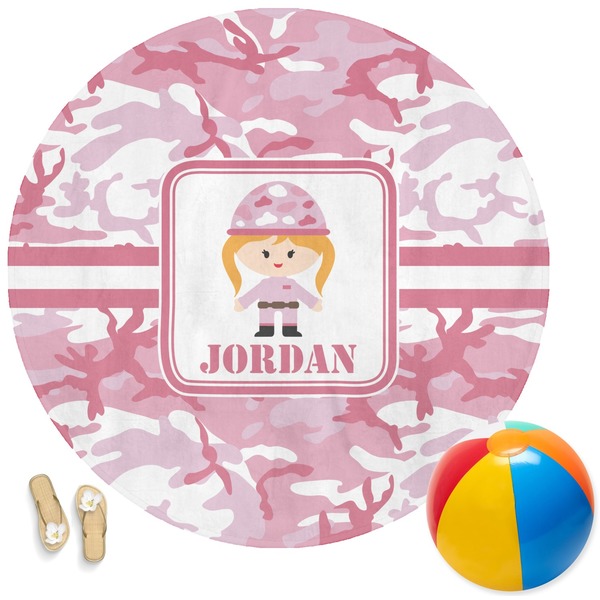 Custom Pink Camo Round Beach Towel (Personalized)
