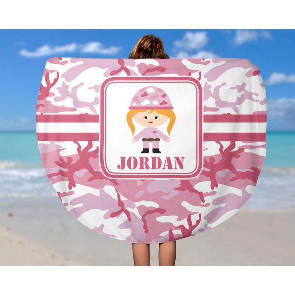 Pink Camo Round Beach Towel - In Use