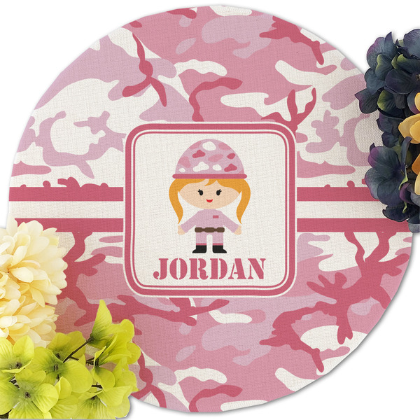Pink Camo Round Linen Placemats - Front (w flowers)
