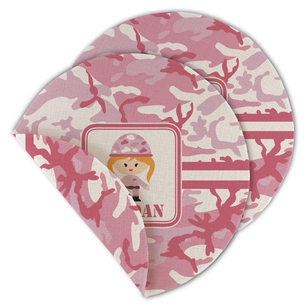 Custom Pink Camo Round Linen Placemat - Double Sided (Personalized)