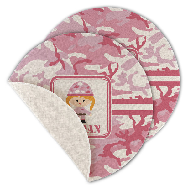 Custom Pink Camo Round Linen Placemat - Single Sided - Set of 4 (Personalized)