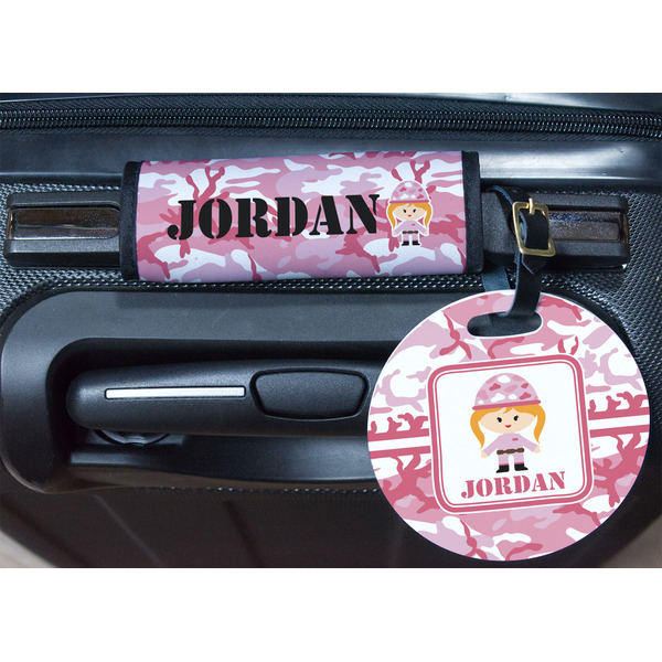 Pink Camo Round Luggage Tag & Handle Wrap - In Context