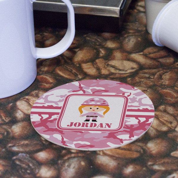 Pink Camo Round Paper Coaster - Front