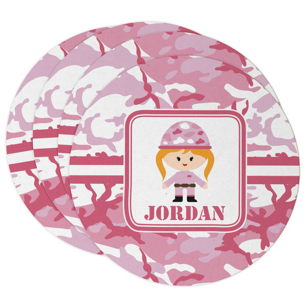 Custom Pink Camo Round Paper Coasters w/ Name or Text