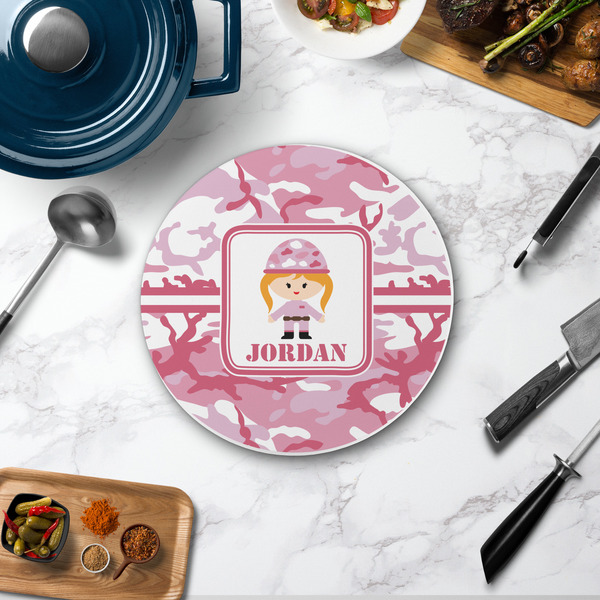 Pink Camo Round Stone Trivet - In Context View