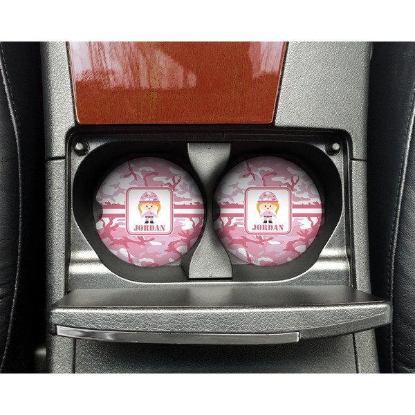 Pink Camo Sandstone Car Coaster - In Cup Holder