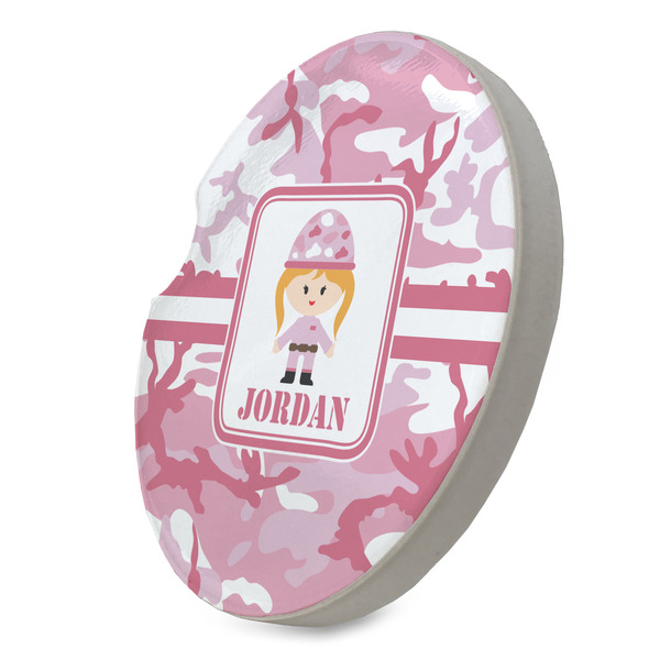 Pink Camo Sandstone Car Coaster - STANDING ANGLE