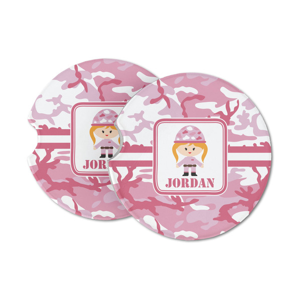 Custom Pink Camo Sandstone Car Coasters - Set of 2 (Personalized)
