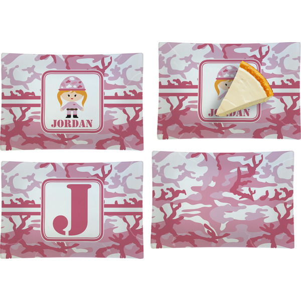 Custom Pink Camo Set of 4 Glass Rectangular Appetizer / Dessert Plate (Personalized)